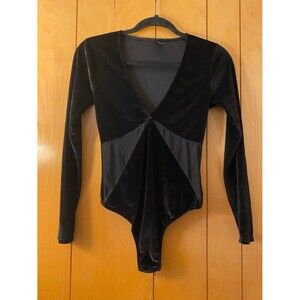 Women's Unbranded Black Velvet Mesh Long Sleeve Bodysuit S
